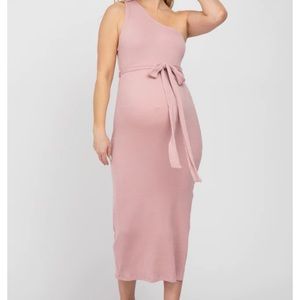 Pinkblush Mauve Ribbed One Shoulder Side Slit Maternity Midi Dress
